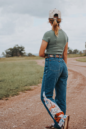 Upcycled patchwork wrangler jeans