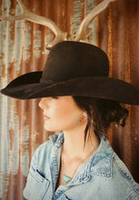 Load image into Gallery viewer, Blue  and brown bow earrings