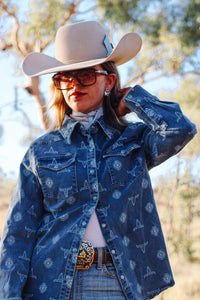 Bull skull denim arena shirt